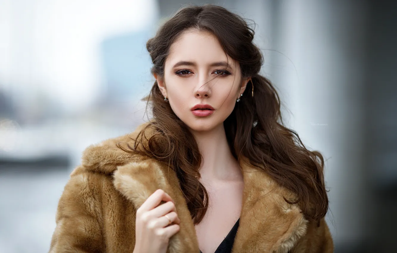 Photo wallpaper look, background, model, portrait, makeup, hairstyle, coat, fur