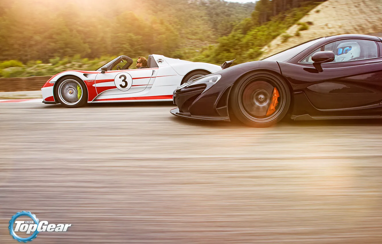 Photo wallpaper McLaren, Porsche, Top Gear, Speed, Sun, 918, Supercars, Spider