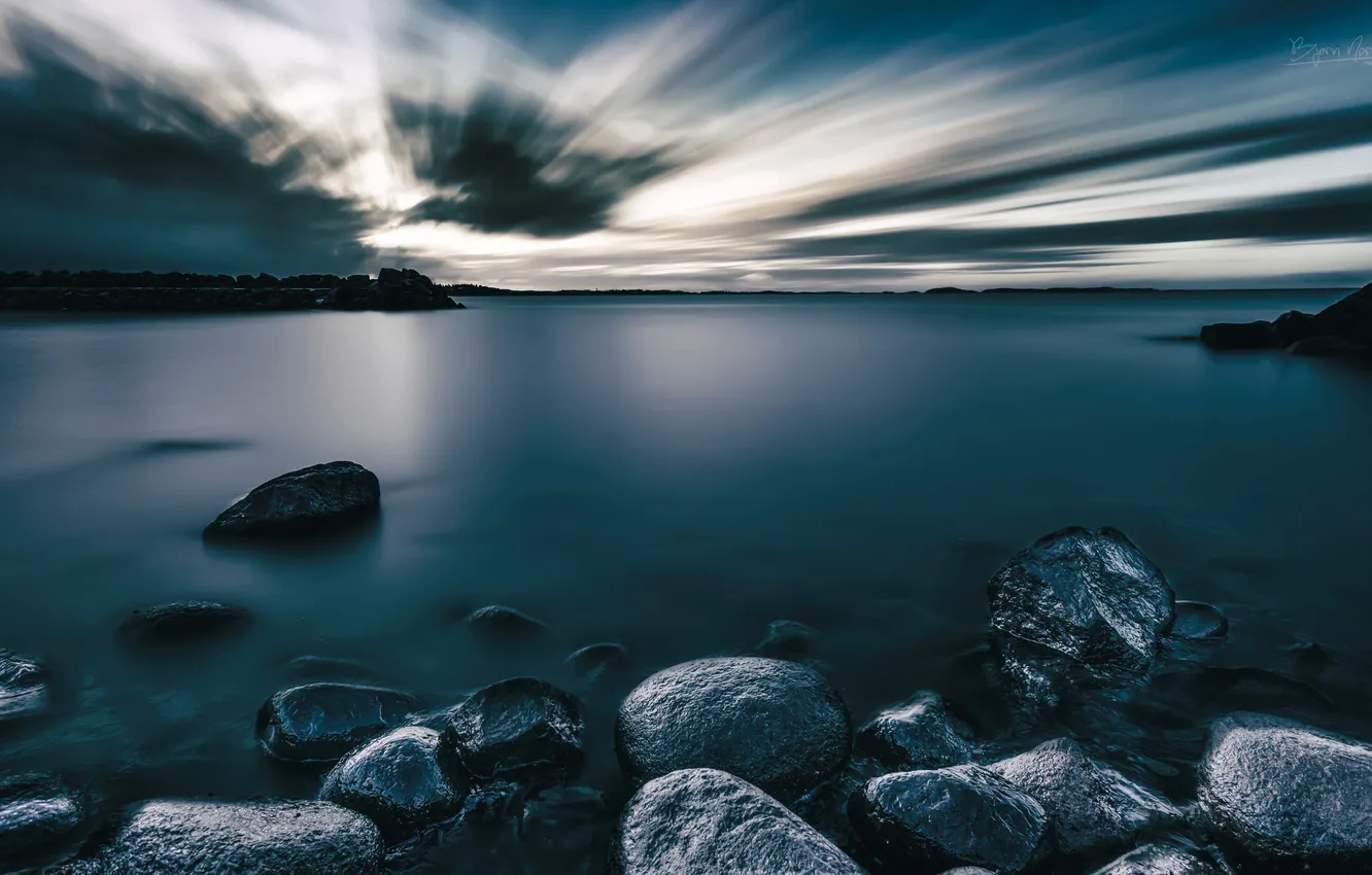Photo wallpaper sea, night, stones, shore