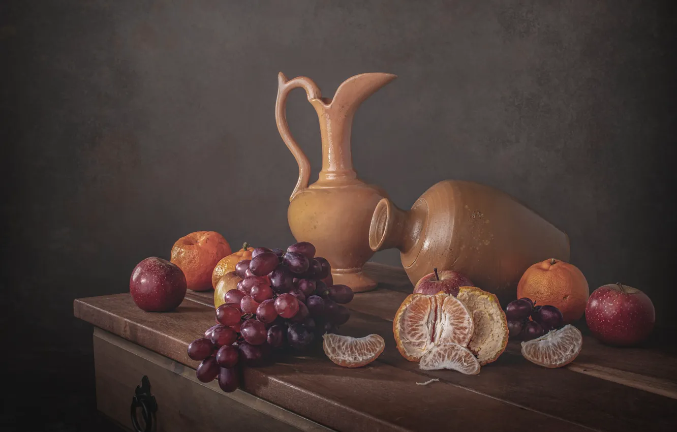 Photo wallpaper apples, food, grapes, pitcher, fruit, still life, slices, composition