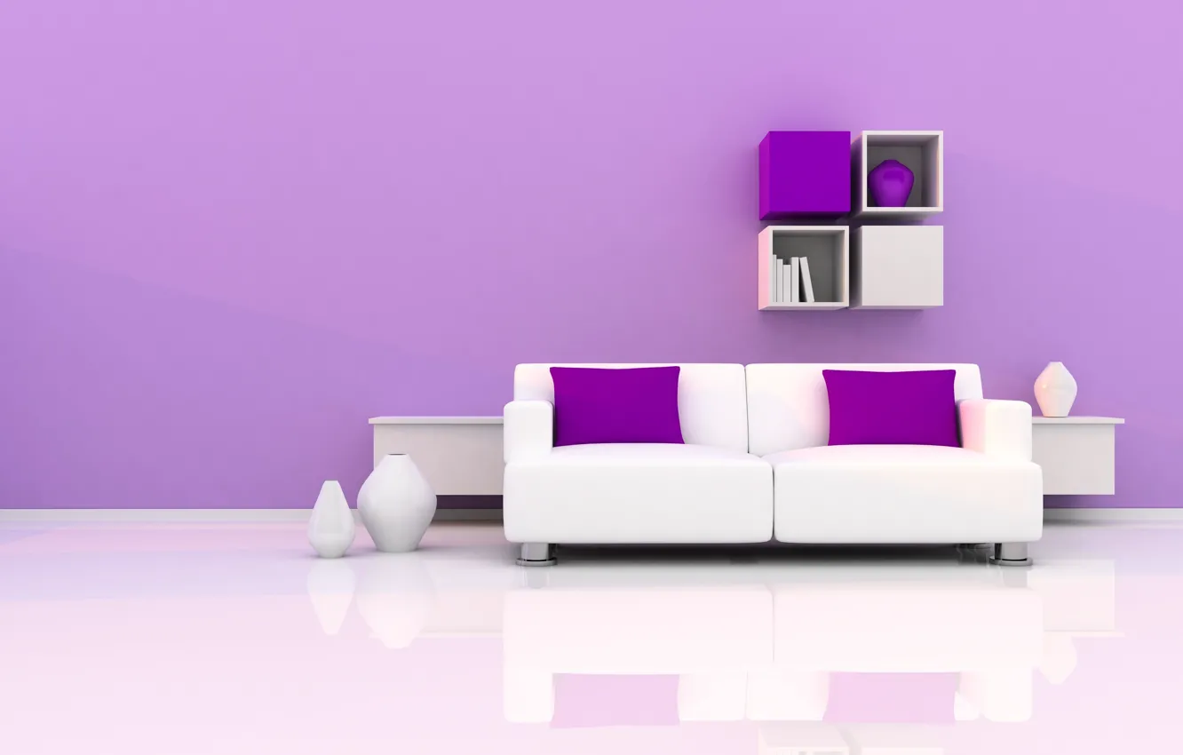 Photo wallpaper sofa, pillow, vases, shelves