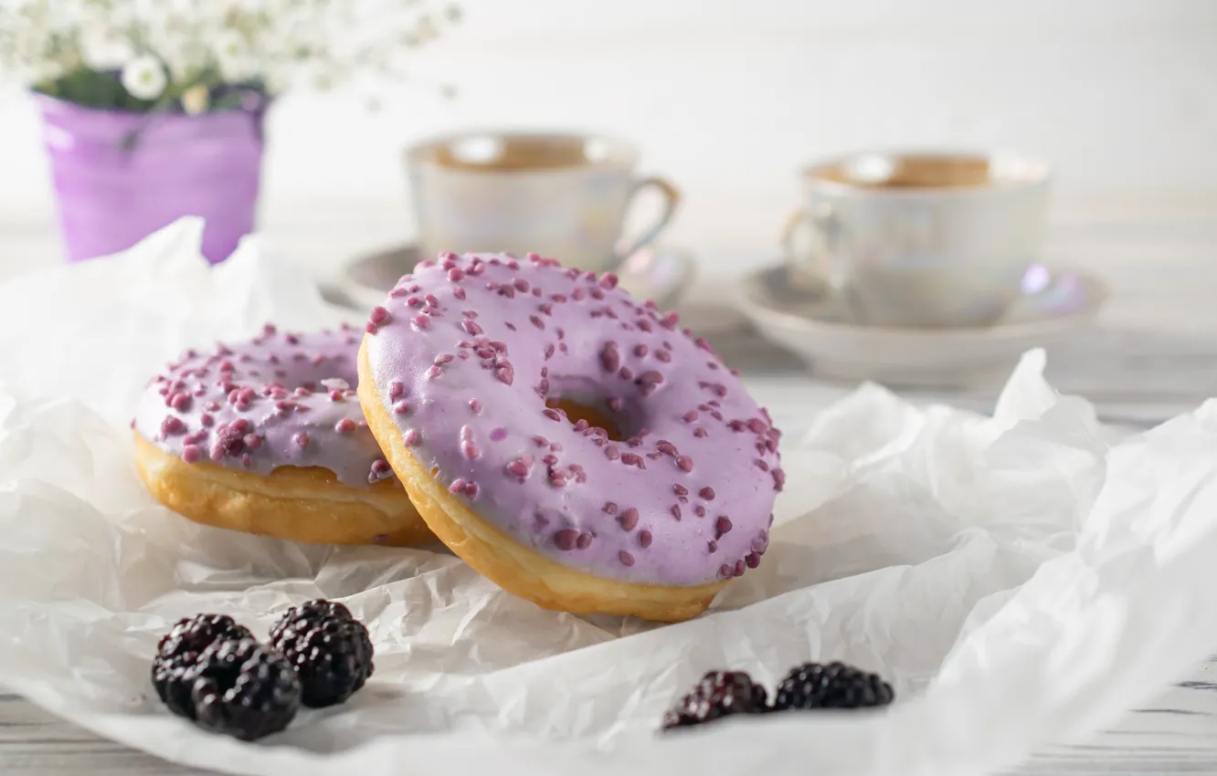 Photo wallpaper Cup, tea, glaze, berries, donuts, BlackBerry
