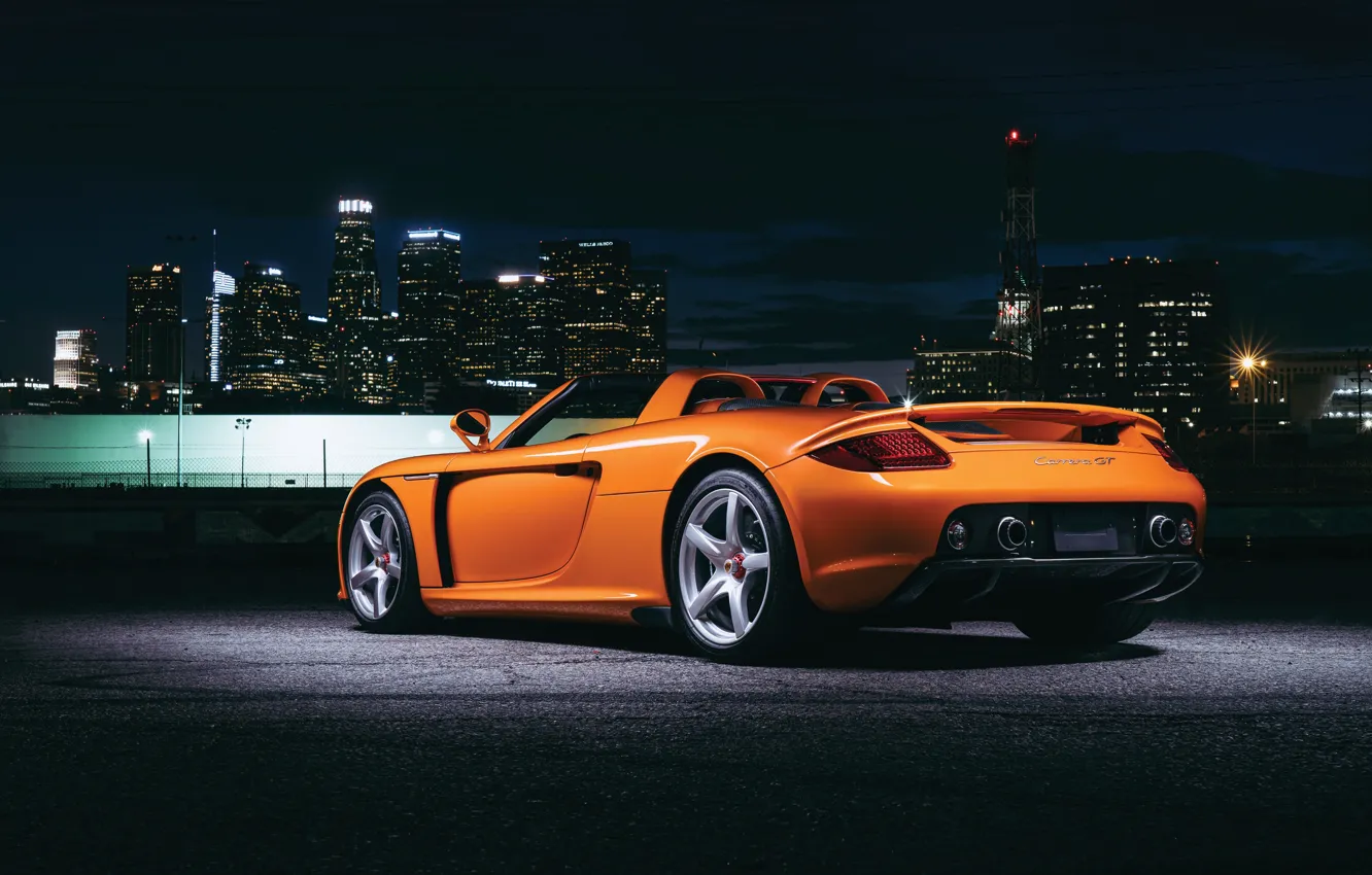 Photo wallpaper city, Porsche, supercar, night, beautiful, orange, Porsche Carrera GT, legendary