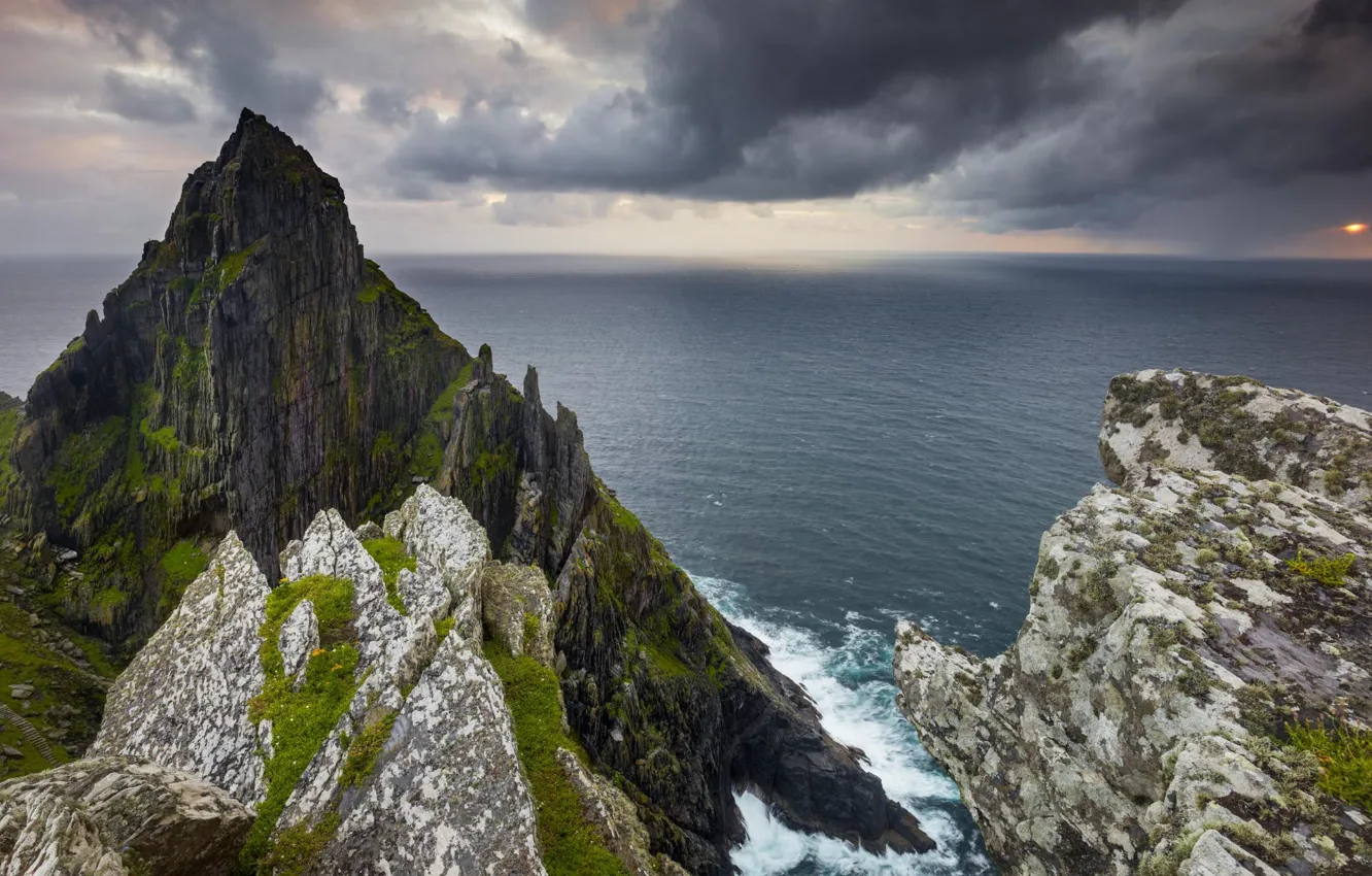 Photo wallpaper the sky, clouds, sunset, clouds, nature, the ocean, rocks, rock