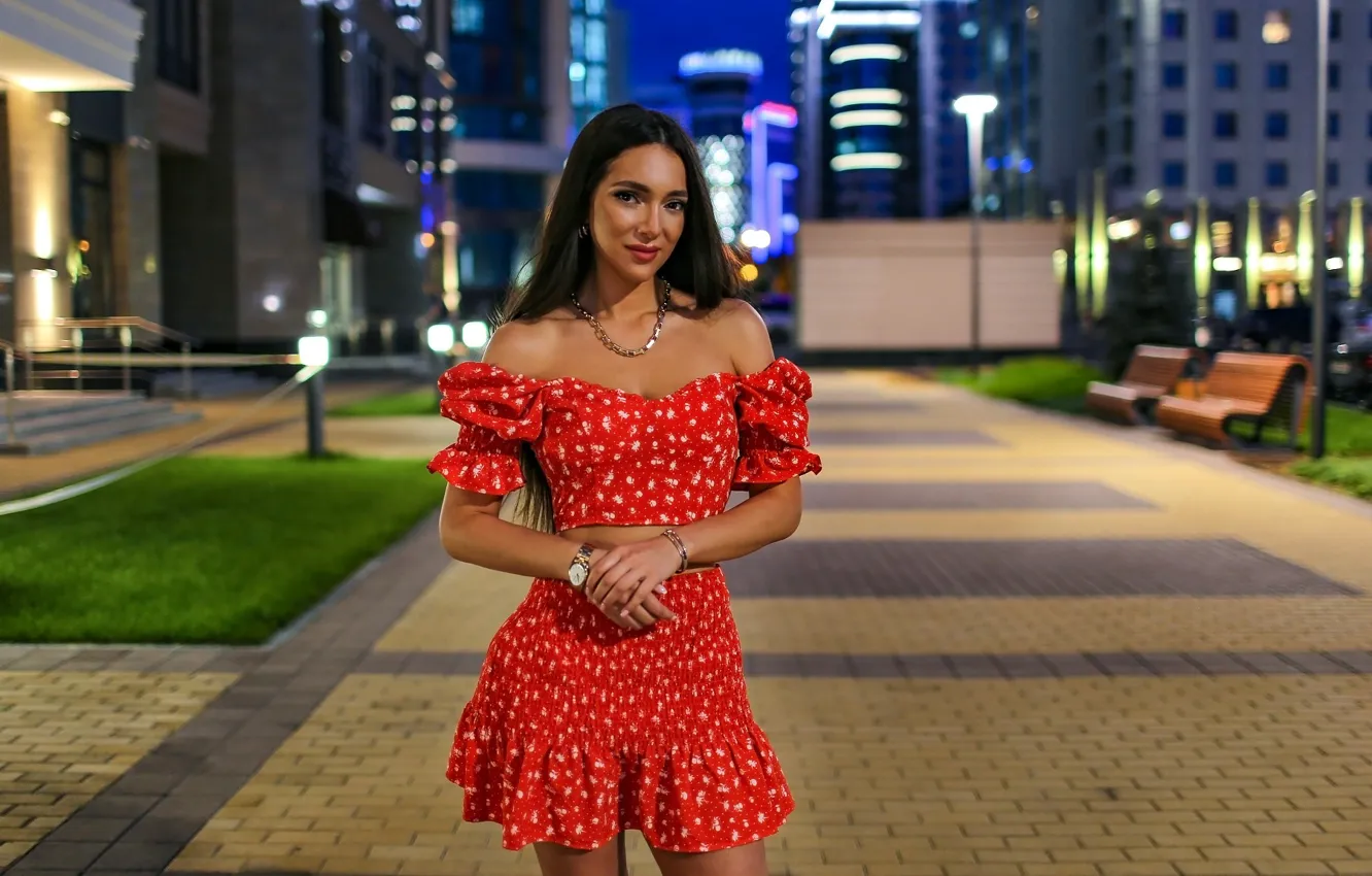 Photo wallpaper look, the city, lights, pose, model, skirt, portrait, the evening