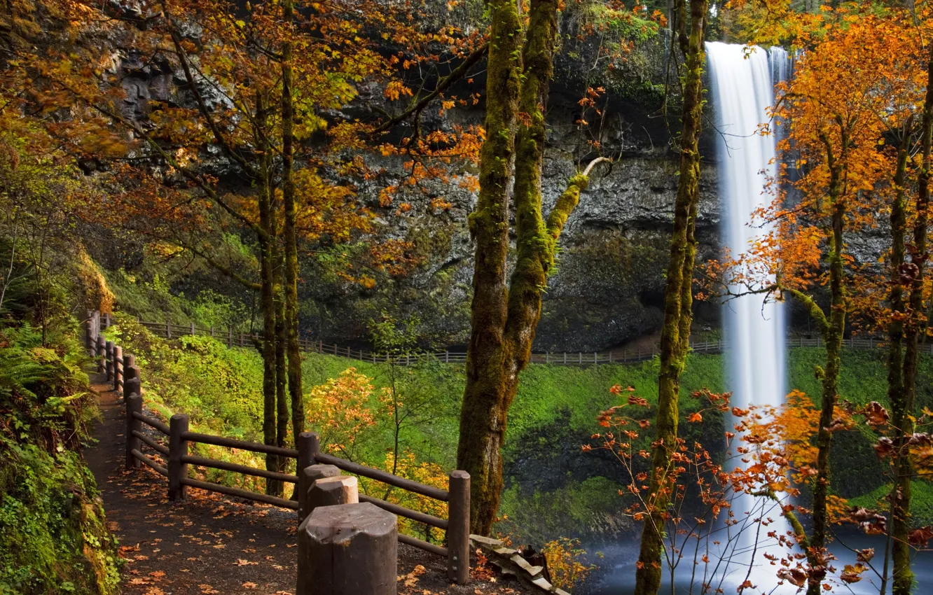 Photo wallpaper autumn, trees, Park, rocks, waterfall, the fence, USA, path