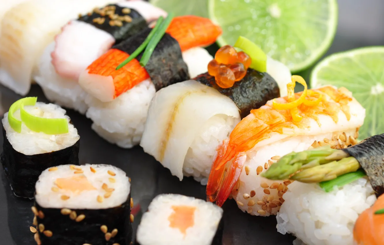 Photo wallpaper lime, sushi, rolls, seafood, red caviar, cumin, crab stick