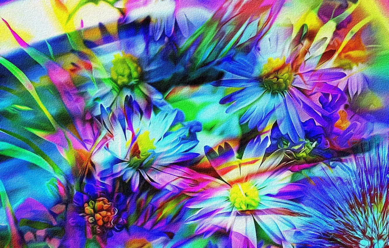 Photo wallpaper grass, flowers, abstraction, spring, petals, spring mood, fantasy author, painting on canvas