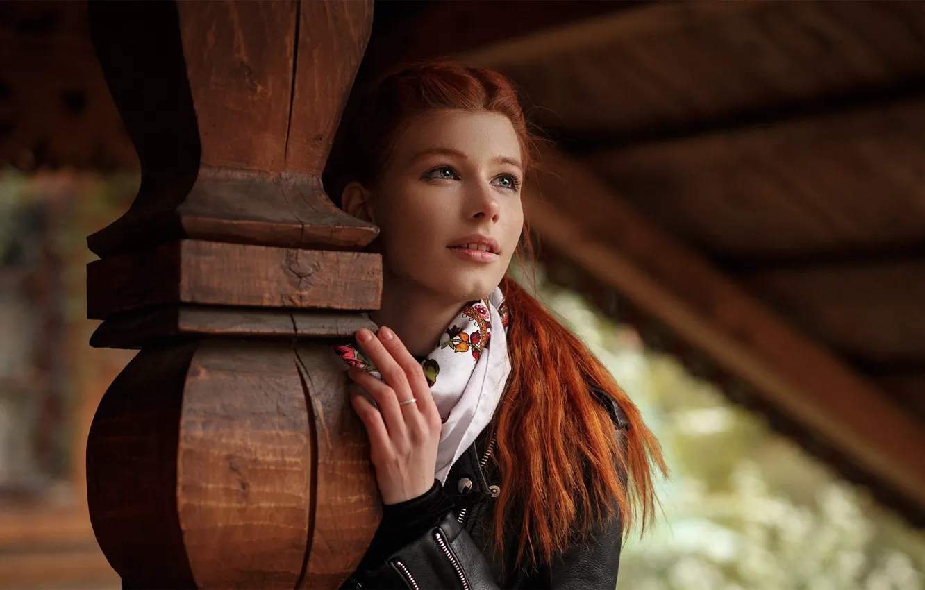 Photo wallpaper model, women, redhead, leather jacket, women outdoors, Anastasia Zhilina