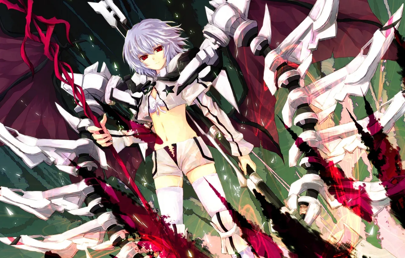 Photo wallpaper girl, weapons, wings, anime, art, skeleton, staff, black rock shooter