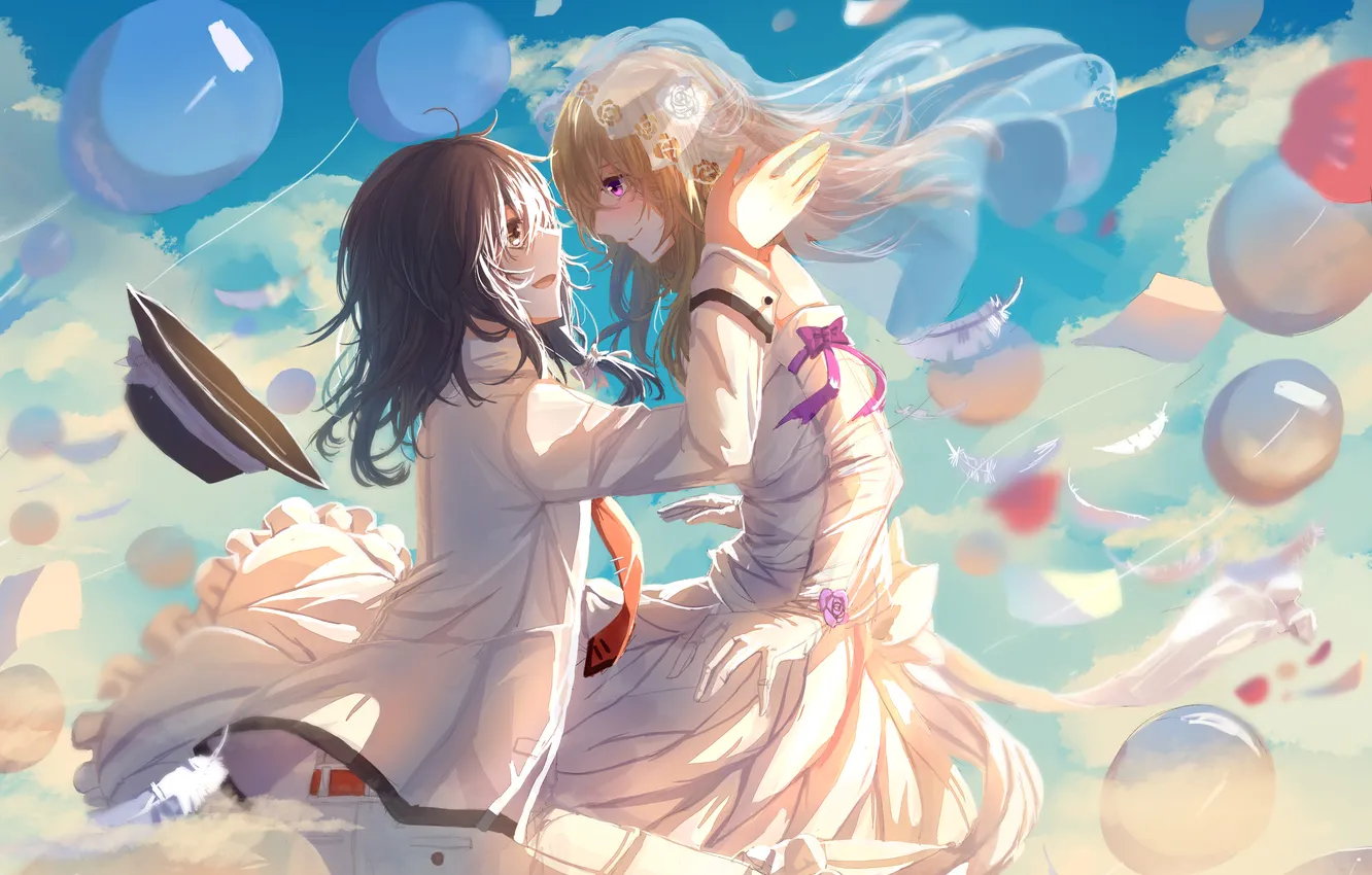 Photo wallpaper the sky, girl, clouds, balls, hat, anime, feathers, art