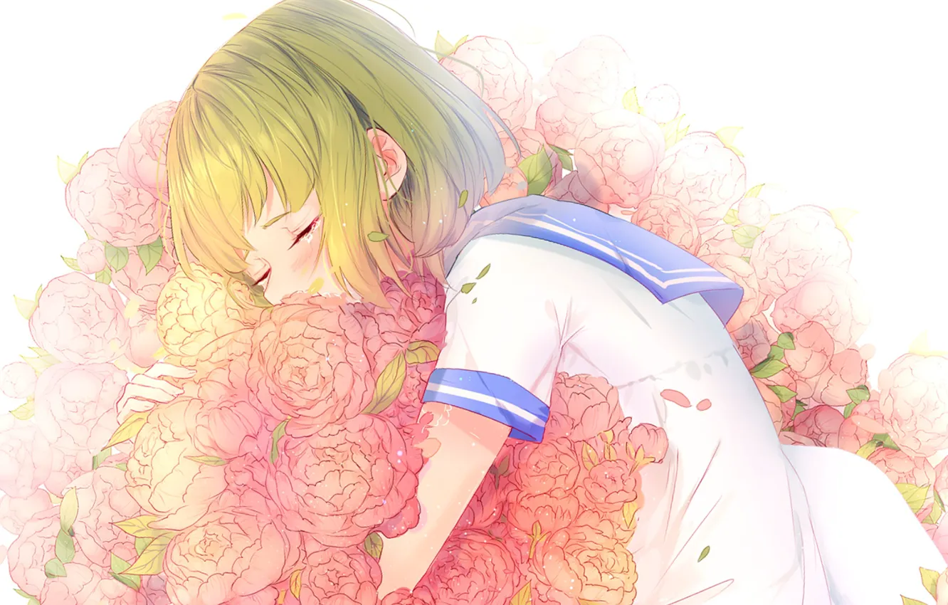 Photo wallpaper girl, sleeping, school uniform, peonies, by lluluchwan
