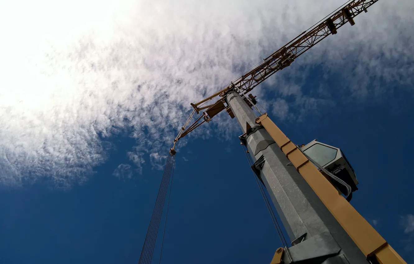 Photo wallpaper white, blue, clouds, orange, cabin, crane, building site, Construction SIte