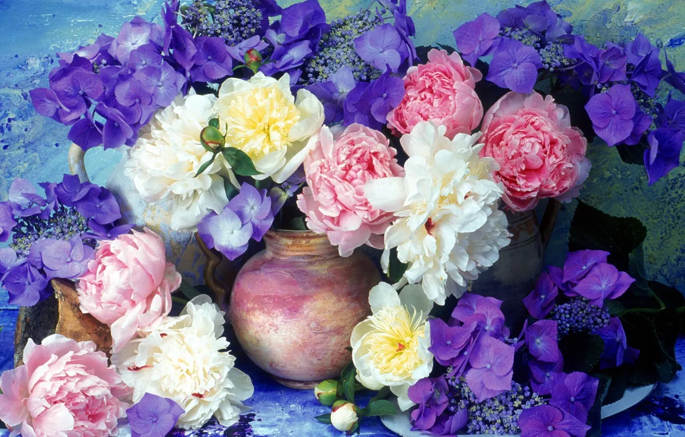 Photo wallpaper flowers, wall, bouquet, vase, lilac, peonies, hydrangea
