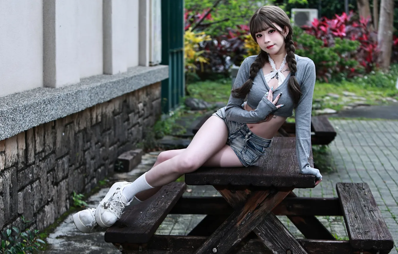 Photo wallpaper girl, shorts, legs, Asian, braids