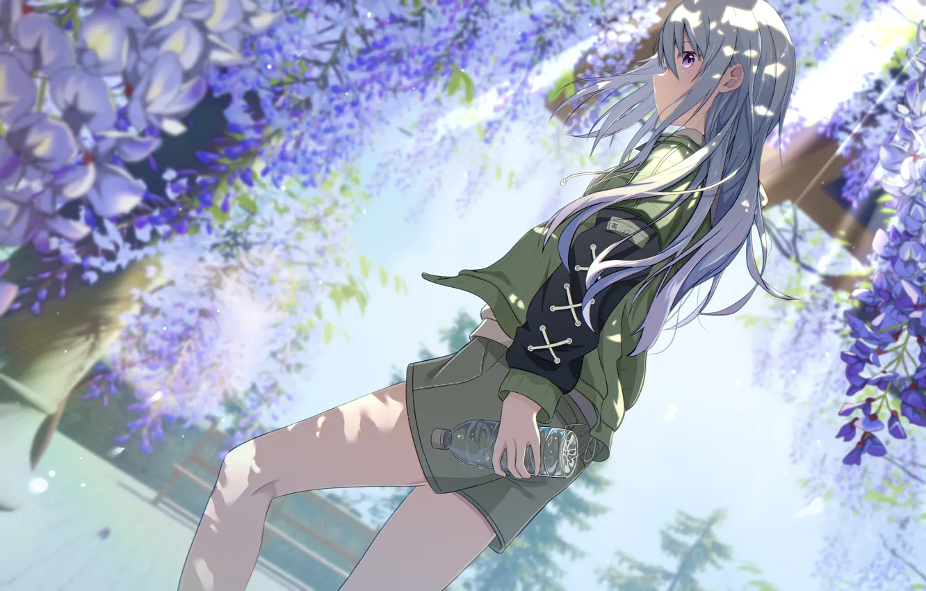 Photo wallpaper girl, Wisteria, water bottle