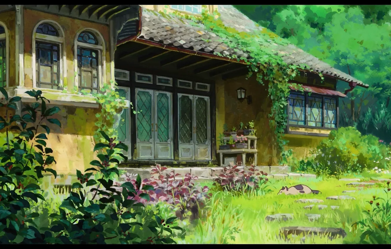 Photo wallpaper greens, cat, leaves, house, plants, Hayao Miyazaki, Arietti from the country of lilliput