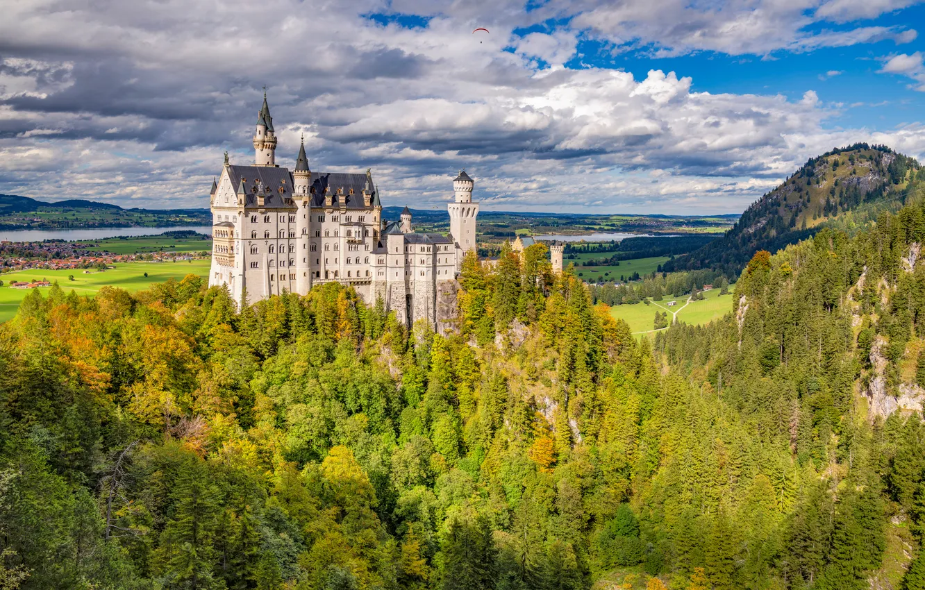 Photo wallpaper clouds, mountains, castle, Germany, Bayern, Neuschwanstein