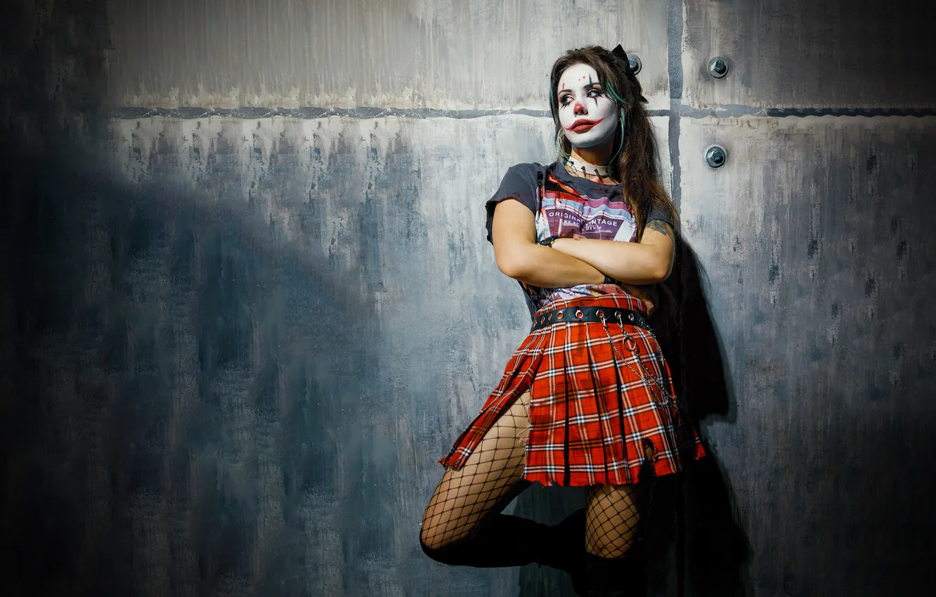 Photo wallpaper girl, madness, stockings, Joker, t-shirt, clown, skirt, make-up