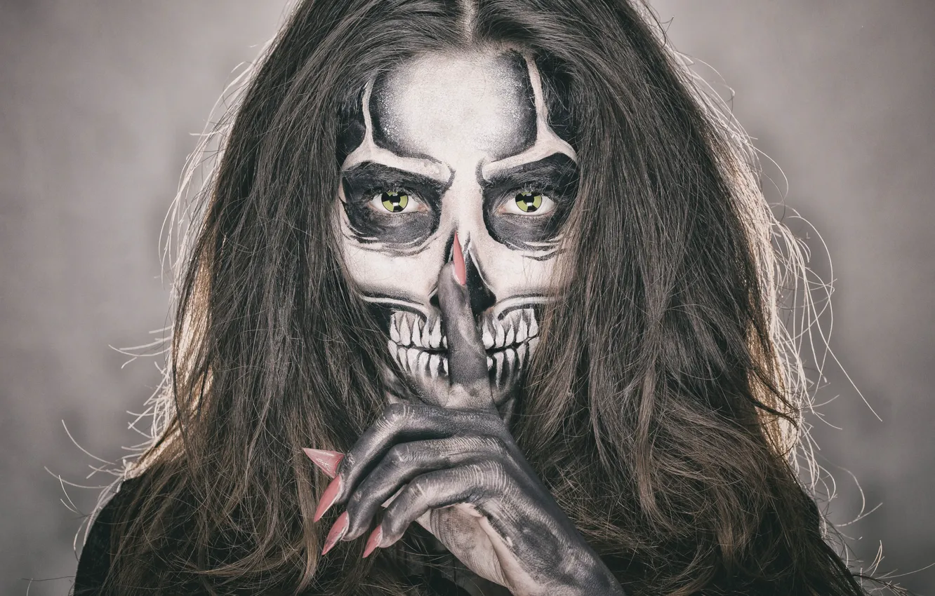 Photo wallpaper eyes, girl, face, style, hair, skull, makeup, skeleton