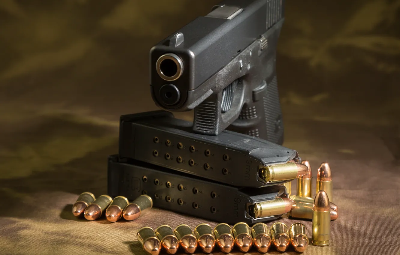 Photo wallpaper gun, cartridges, glock