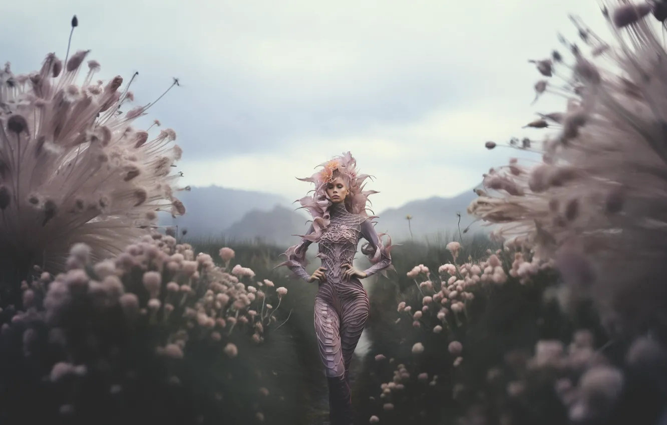 Photo wallpaper field, girl, clouds, flowers, mountains, nature, pose, fog