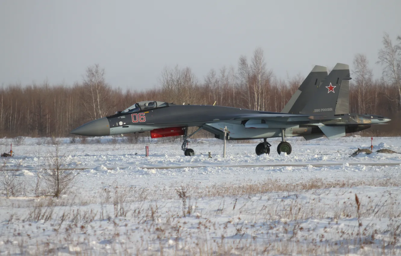 Photo wallpaper winter, snow, fighter, serial, Su-35S, training, predelena