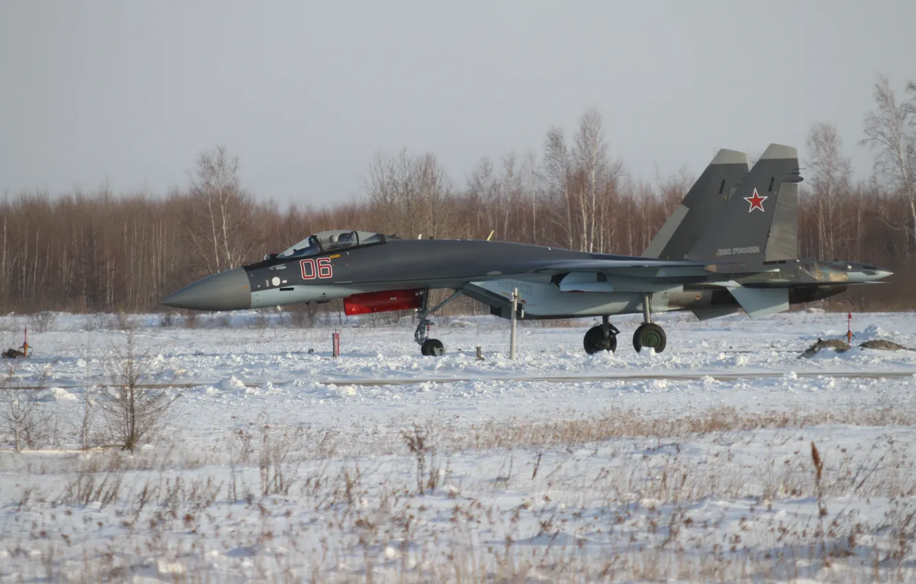 Photo wallpaper winter, snow, Fighter, serial, Su-35S, training, predelena