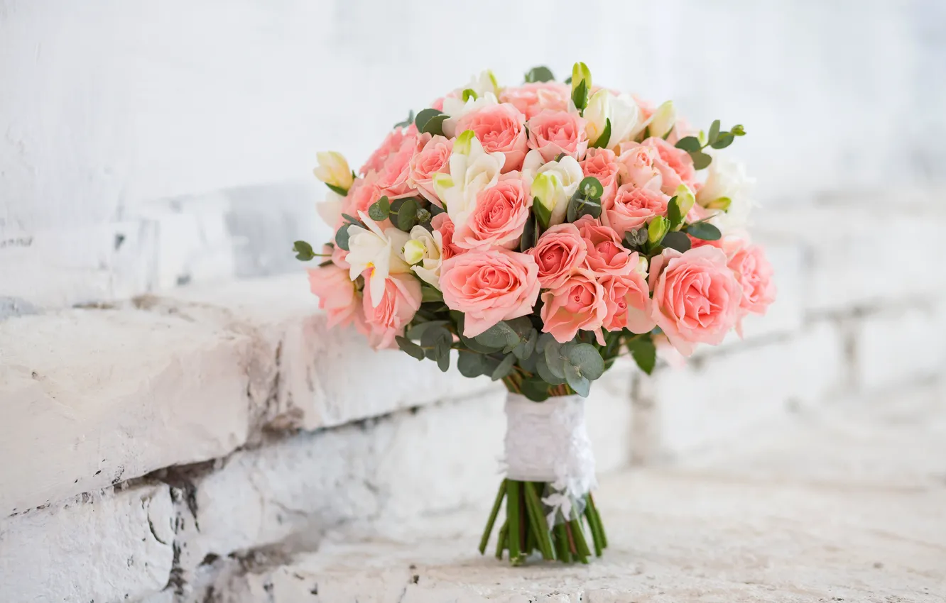 Photo wallpaper flowers, roses, bouquet, brick, bokeh, freesia