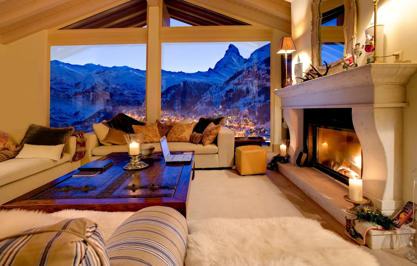 Photo wallpaper interior, Switzerland, fireplace, Switzerland, living room, Zermatt, Chalet, Luxury ski chalet