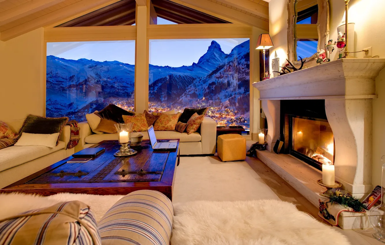 Photo wallpaper interior, Switzerland, fireplace, Switzerland, living room, Zermatt, Chalet, Luxury Ski Chalet