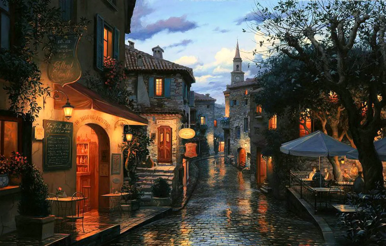 Photo wallpaper street, watch, home, the evening, bar, umbrella, cafe, town