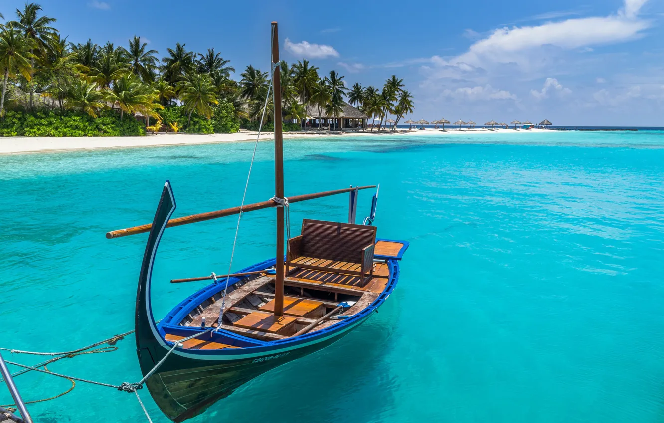 Photo wallpaper sea, beach, tropics, palm trees, the ocean, boat, The Maldives