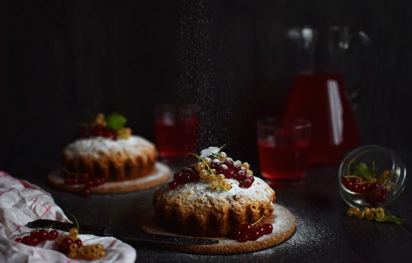 Photo wallpaper berries, the dark background, food, dishes, still life, dessert, currants, cakes