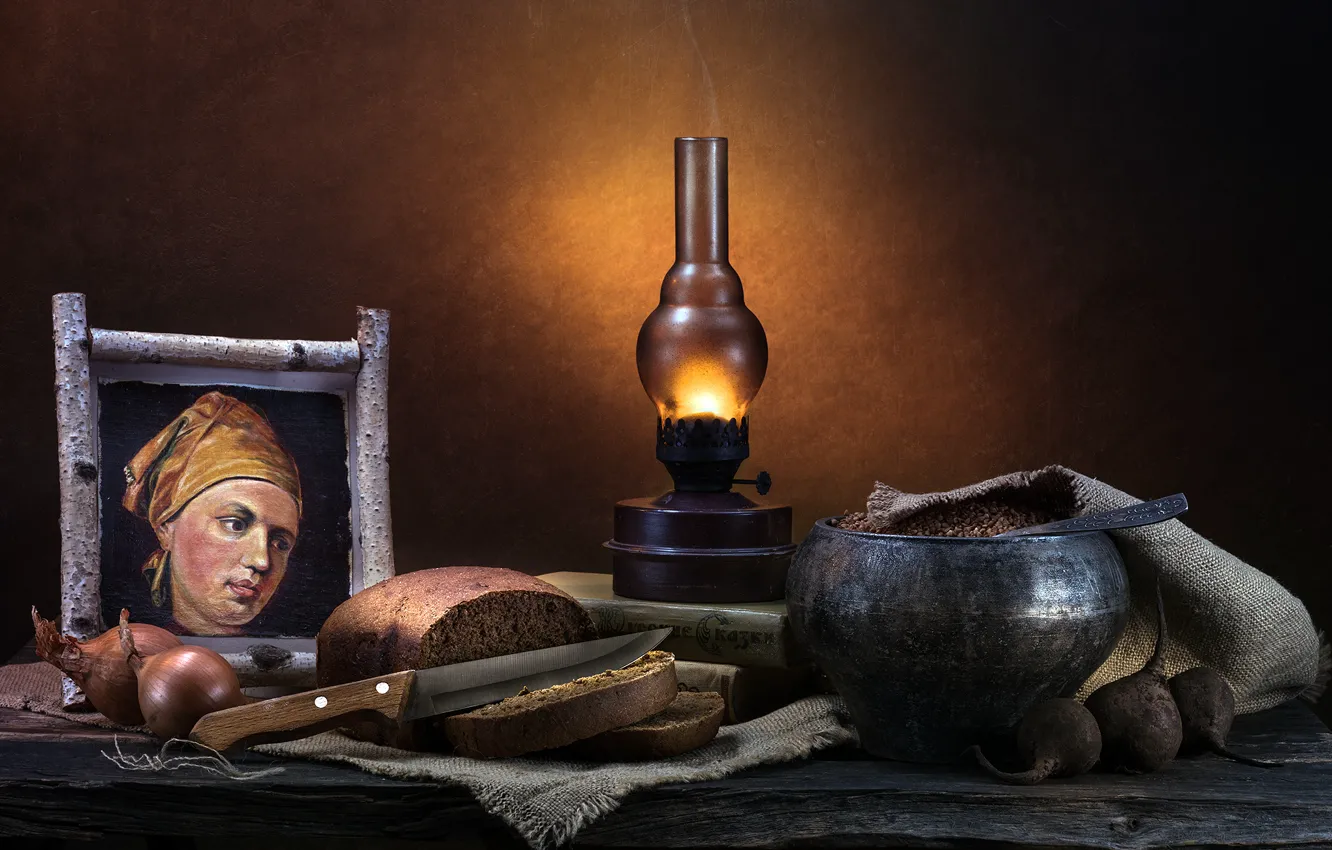 Photo wallpaper lamp, portrait, tale, bow, bread, still life on a rural theme, buckwheat