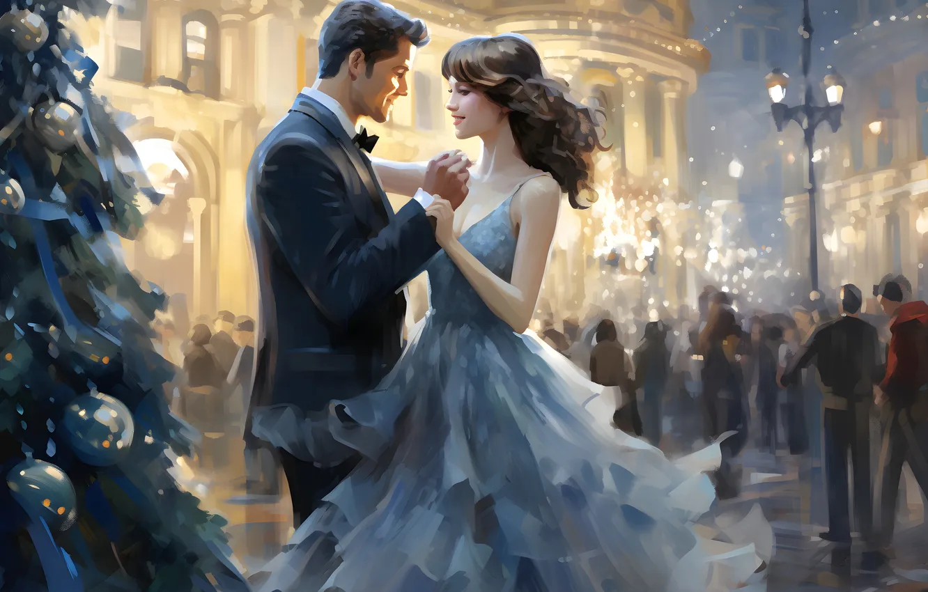 Photo wallpaper girl, people, tree, new year, home, dress, Christmas, male