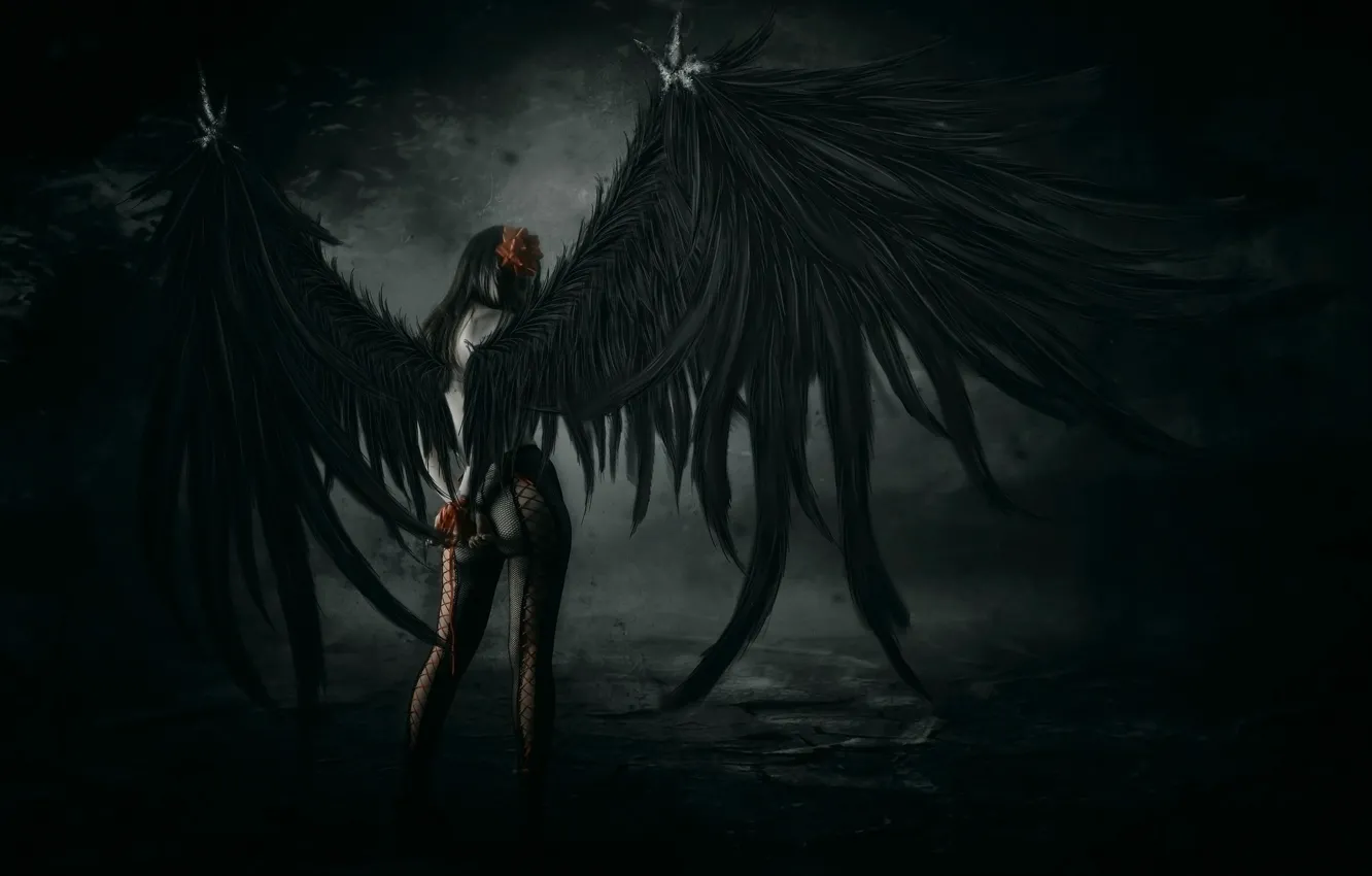 Photo wallpaper void, darkness, fallen angel, black wings, damn place