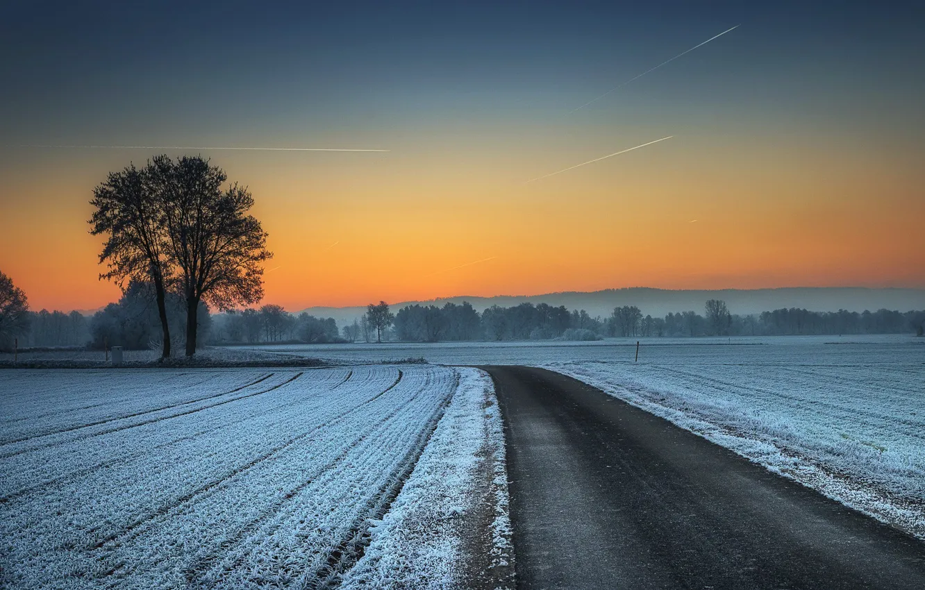 Photo wallpaper winter, road, field, sunset