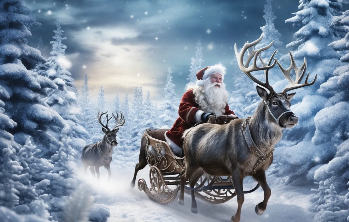 Photo wallpaper winter, snow, night, holiday, new year, deer, sleigh, Santa Claus