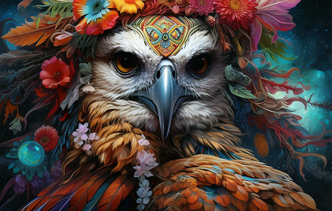 Photo wallpaper look, leaves, decoration, flowers, bird, eagle, portrait, feathers