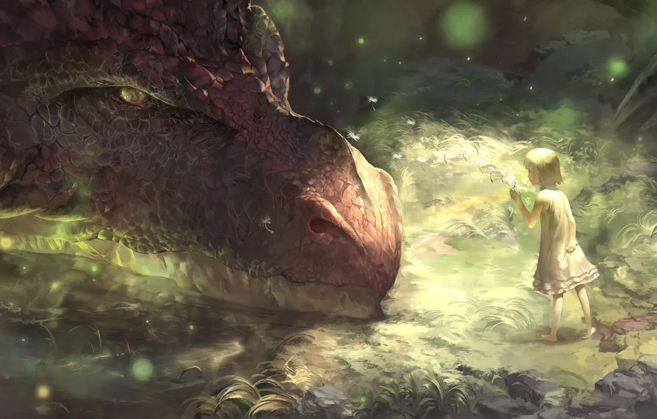 Photo wallpaper face, fiction, dandelion, dragon, being, girl, lizard, giant
