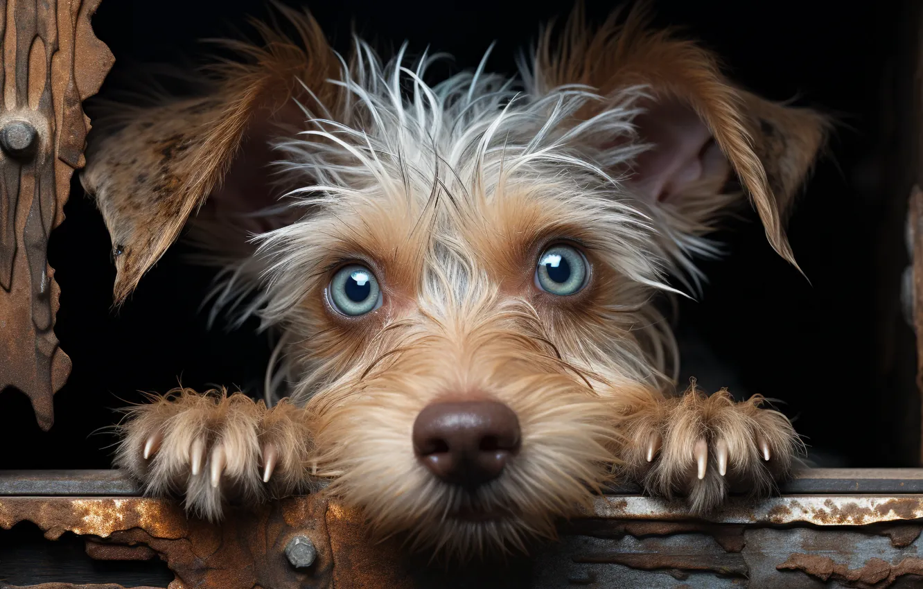 Photo wallpaper look, dog, paws, puppy, face, closeup, digital art, AI art