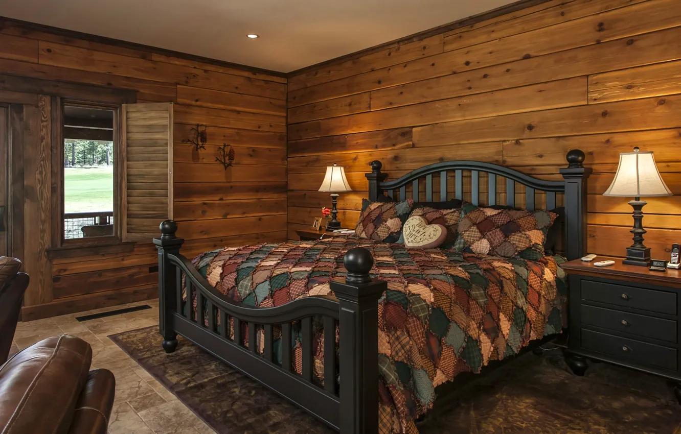 Photo wallpaper lamp, bed, pillow, window, table, bedroom, chest