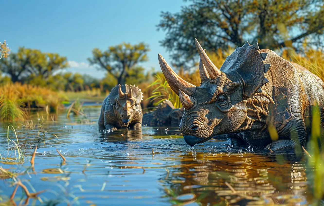Photo wallpaper water, trees, animal, dinosaur, horns, cub, three, Triceratops