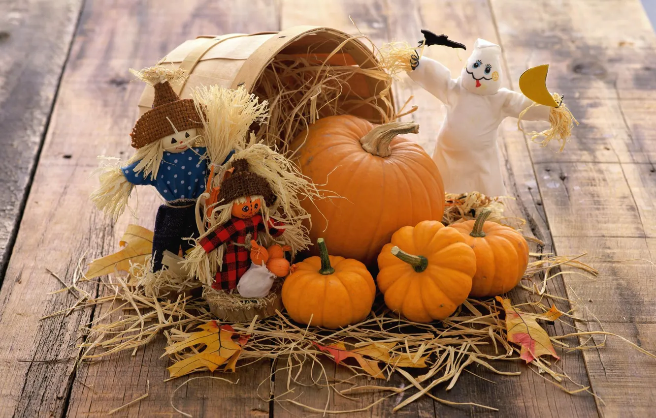 Photo wallpaper autumn, basket, toys, Board, pumpkin, straw, vegetables