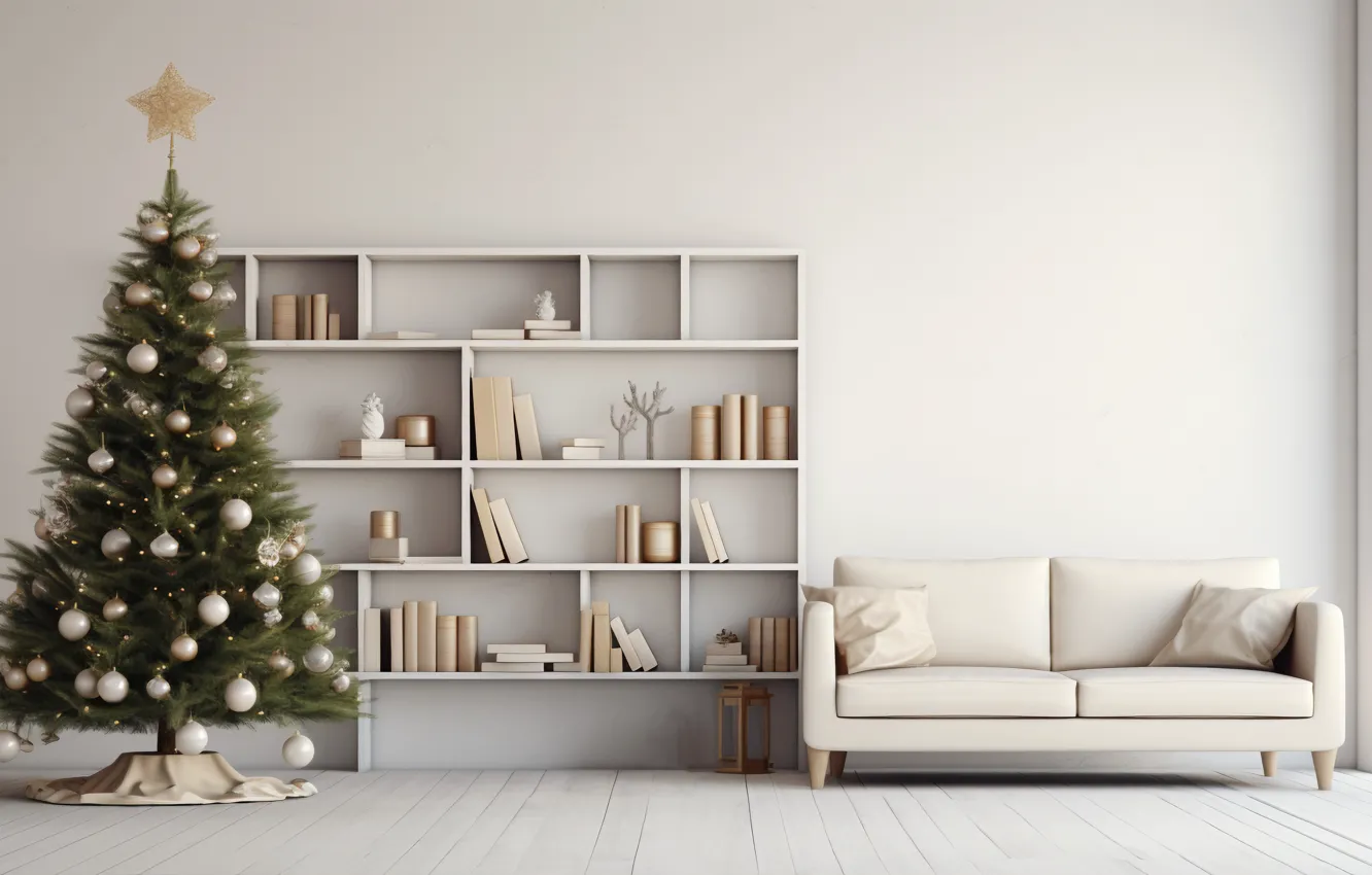 Photo wallpaper decoration, house, room, sofa, balls, tree, interior, New Year