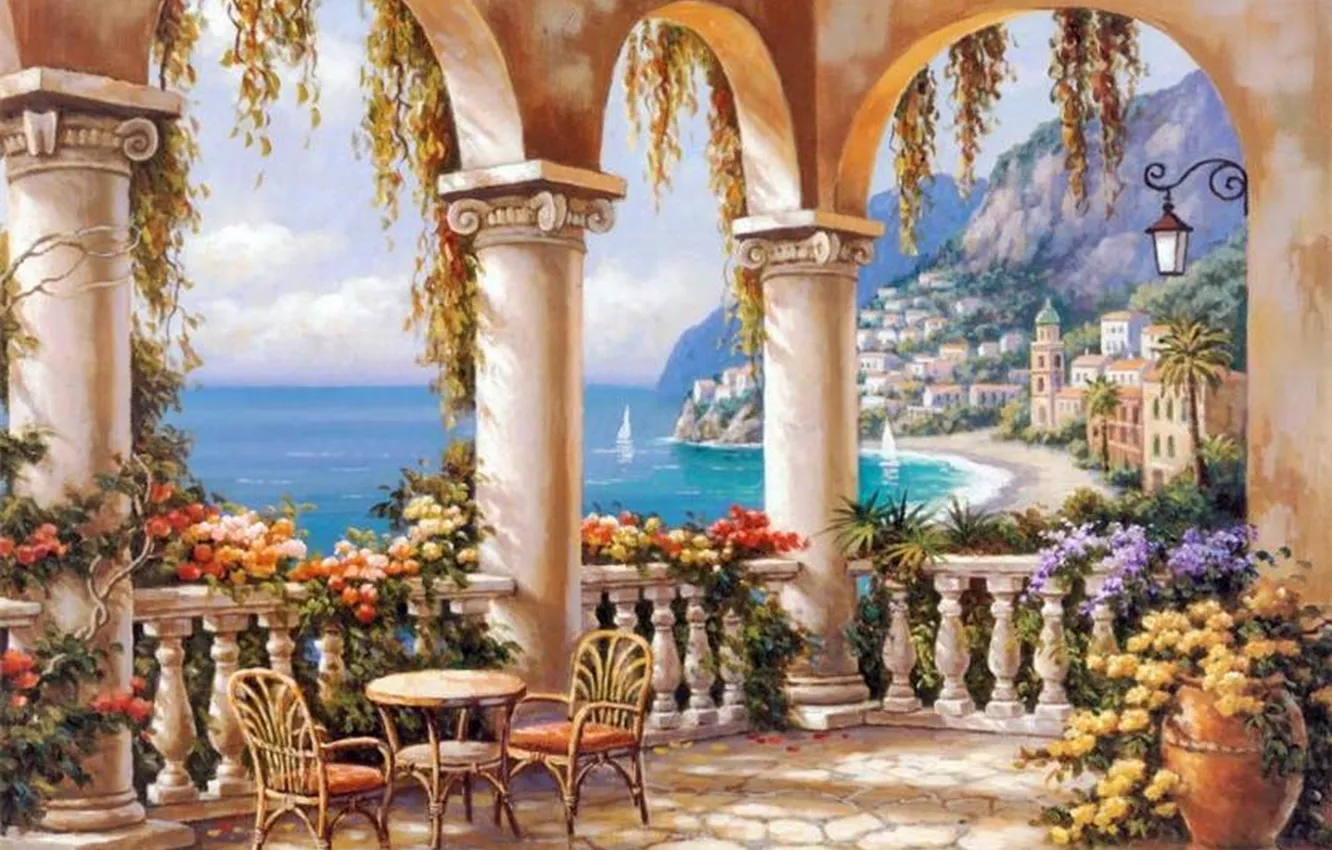 Photo wallpaper sea, flowers, the city, picture, columns, painting, terrace, painting