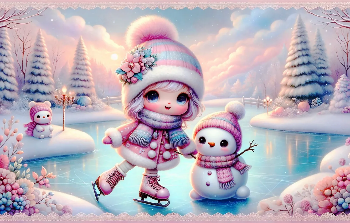 Photo wallpaper winter, frost, the sky, clouds, snow, style, ice, doll