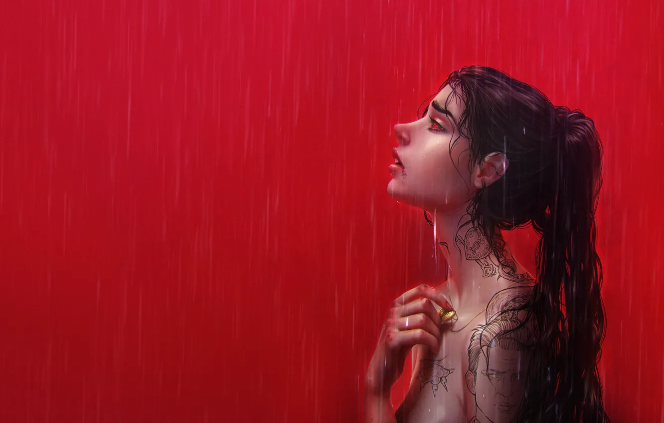 Photo wallpaper Red, Drops, Girl, Minimalism, Rain, Style, Girl, Background