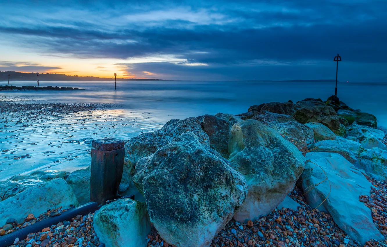 Photo wallpaper sea, the sky, clouds, stones, dawn, coast, England, horizon